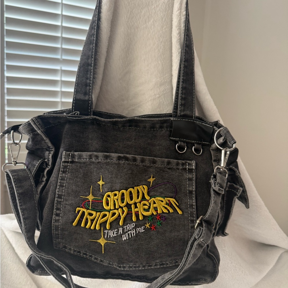Boho Groovy Trippy Heart Embroidered Black Denim Crossbody/Shoulder Tote